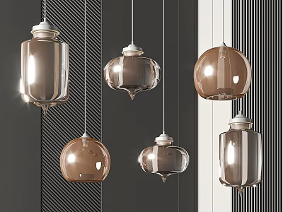 Modern Glass Pendant Lights in Brown and Transparent with Various Shapes Against Dark Striped Wall 3d model