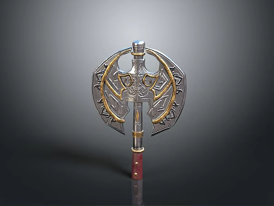 Mythical Fantasy Weapon Featuring Ornate Metal Head Gold Silver Engravings And Red Handle Design 3d model