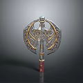 Mythical Fantasy Weapon Featuring Ornate Metal Head Gold Silver Engravings And Red Handle Design