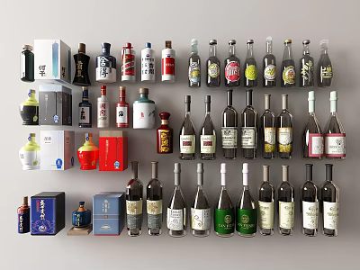 Different Types of Wine Bottles and Glasses Neatly Arranged on Wall Display Collection 3d model
