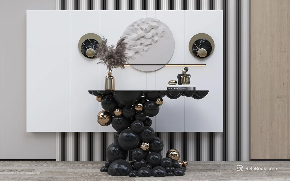 Modern Console Table With Spherical Black Gold Base Round Textured Mirror And Wall Sconces 3d model