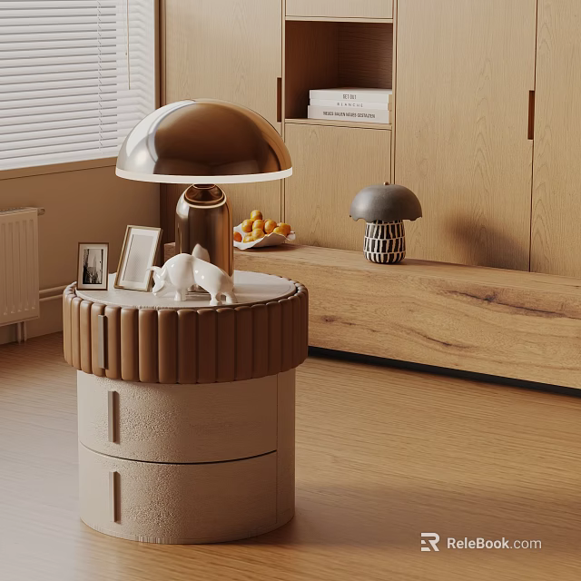 Modern Side Table With Wooden Edge Beige Body And Metal Lamp White Decor Fruit Plate 3d model 