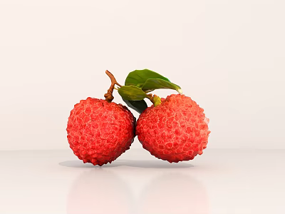 Ripe Red Lychee Fruits with Green Leaves on White Background 3d model