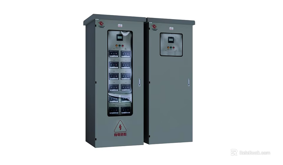 Gray Industrial Control Cabinets with Display Screens Control Buttons and Warning Signs for Automation 3d model 