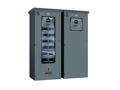 Gray Industrial Control Cabinets with Display Screens Control Buttons and Warning Signs for Automation 3d model