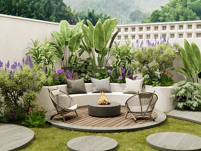 Stylish Outdoor Sofa On Wooden Patio With Fire Pit Surrounding Green Plants And Purple Flowers 3d model