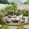 Stylish Outdoor Sofa On Wooden Patio With Fire Pit Surrounding Green Plants And Purple Flowers
