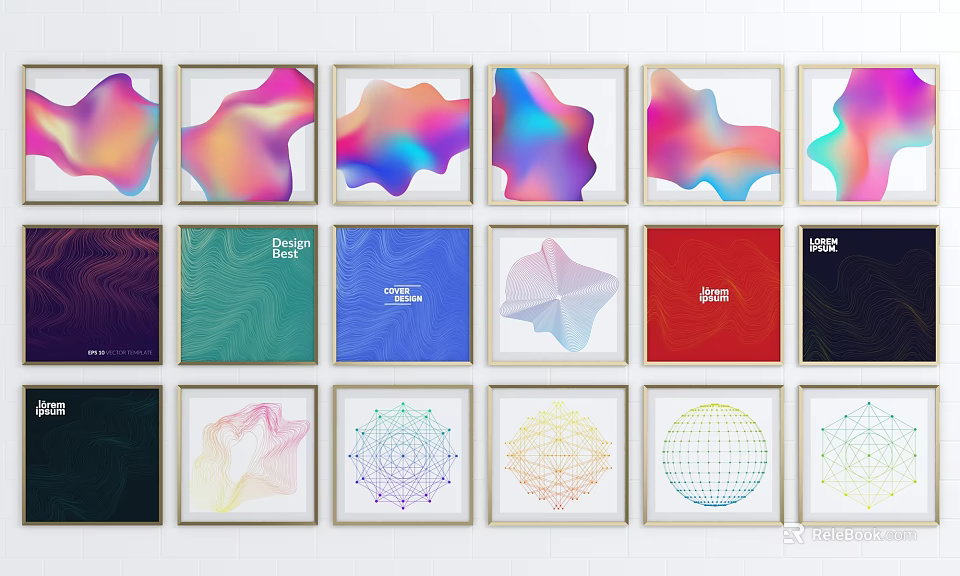 Colorful Framed Decorative Artworks With Various Designs And Patterns On Wall 3d model 