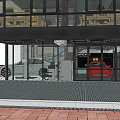 Car Dealership Showroom Exterior With Glass Facade Stone Walls And Display Cars