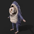 Cartoon Game Skeleton Character in Blue Shark Costume with Open Mouth and Green Stains