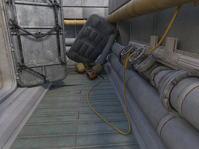 Modern Industrial Scene Featuring Metal Pipes Yellow Cables And Rustic Metal Door 3d model