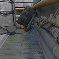 Modern Industrial Scene Featuring Metal Pipes Yellow Cables And Rustic Metal Door