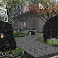 Traditional Courtyard Garden Design with Lush Trees Flowing Stream and Wooden Table Area