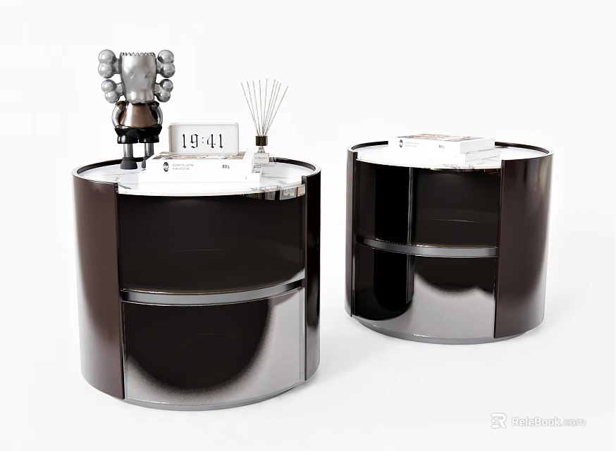 Modern Round Bedside Tables With Sleek Dark Finish And Decorative Clock Reed Diffuser 3d model