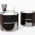 Modern Round Bedside Tables With Sleek Dark Finish And Decorative Clock Reed Diffuser 3d model