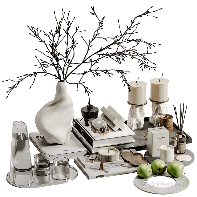 Chic Home Decor Items Featuring Vase Branches Candles Books Aromatherapy And Green Apples 3d model 