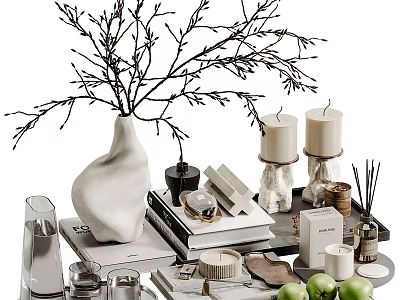 Chic Home Decor Items Featuring Vase Branches Candles Books Aromatherapy And Green Apples 3d model