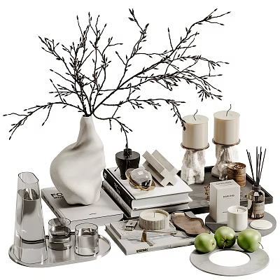 Chic Home Decor Items Featuring Vase Branches Candles Books Aromatherapy And Green Apples 3d model