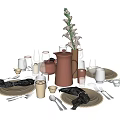 Elegant Tableware Set With Copper Kettle Plates Mugs Cutlery And Floral Vase