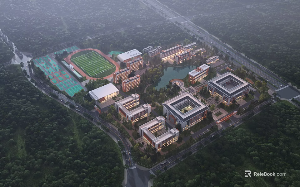 Aerial View of Modern School Buildings with Green Surroundings Sports Field and Lake 3d model 