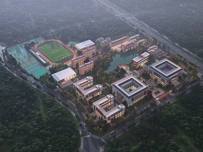 Aerial View of Modern School Buildings with Green Surroundings Sports Field and Lake 3d model