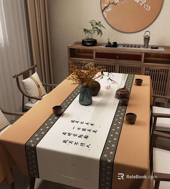 Wooden Chinese Dining Table Set With Calligraphy Runner Flower Vase And Tea Set Chairs 3d model 