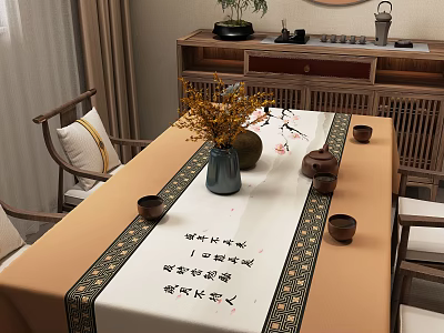 Wooden Chinese Dining Table Set With Calligraphy Runner Flower Vase And Tea Set Chairs 3d model