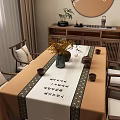 Wooden Chinese Dining Table Set With Calligraphy Runner Flower Vase And Tea Set Chairs