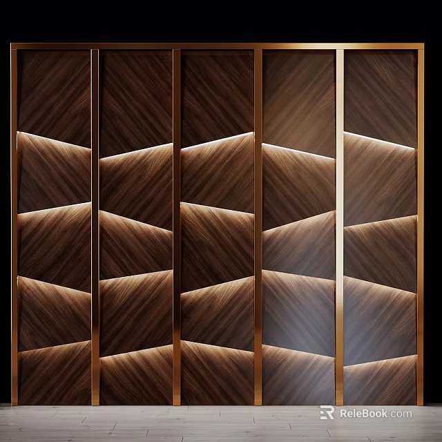 Modern Decorative Wooden Wall Decor with Geometric Patterns Golden Frame and Lighting 3d model 