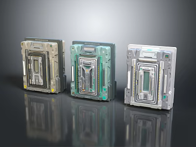 Three Different Colored Tech Components With Futuristic Mechanical Panels And Digital Screens 3d model