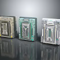 Three Different Colored Tech Components With Futuristic Mechanical Panels And Digital Screens