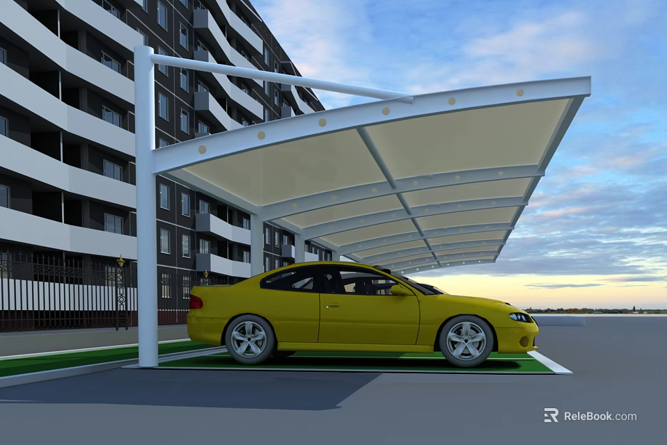 Carport Canopy With Modern White Frame Covering Yellow Car Beside Apartment Building 3d model 