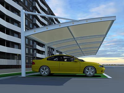 Carport Canopy With Modern White Frame Covering Yellow Car Beside Apartment Building 3d model