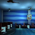 Stylish Bar Interior Design With Blue Wavy Ceiling Decorative Columns Round Tables And Cozy Chairs