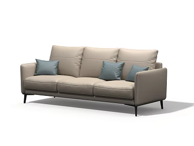 Modern Three-Seat Sofa Beige Leather Soft Three-Seat Sofa Low Backrest Metal High Feet 3d model