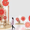 Shopping Mall Interior With Large Red Flower Decorations Multi Level Design And Shiny Floor