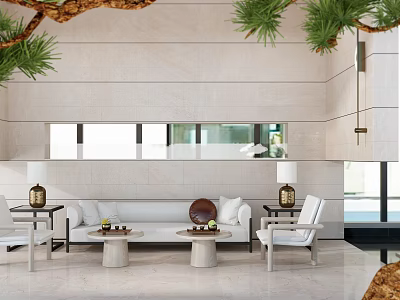 Modern Minimalist Sofa and Coffee Table Set with White Round Table Green Plants Floor-to-Ceiling Windows 3d model