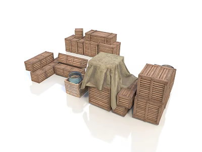 Household Items Stored In Wooden Crates With Covered Object And Small Crate Blue Item 3d model