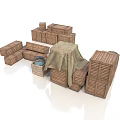 Household Items Stored In Wooden Crates With Covered Object And Small Crate Blue Item