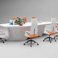 Oval White Conference Table With White Orange Wheeled Chairs And Potted Plant