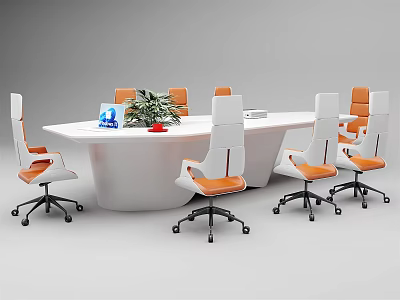 Oval White Conference Table With White Orange Wheeled Chairs And Potted Plant 3d model