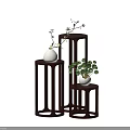 Modern Wooden Plant Stands With Multi Tiered Design And Green Plants In White Vases