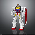 White Robot Character With Red Blue Yellow Accents Holding Shield And Sword