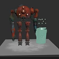 Red Mechanical Robot With Glowing Eyes And Green Trash Can On Gray Background