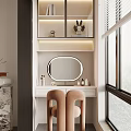 Modern White Dressing Table Interior With Oval Mirror Beige Chairs And Glass Shelf Decorations