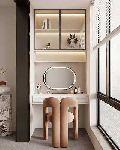 Modern White Dressing Table Interior With Oval Mirror Beige Chairs And Glass Shelf Decorations 3d model
