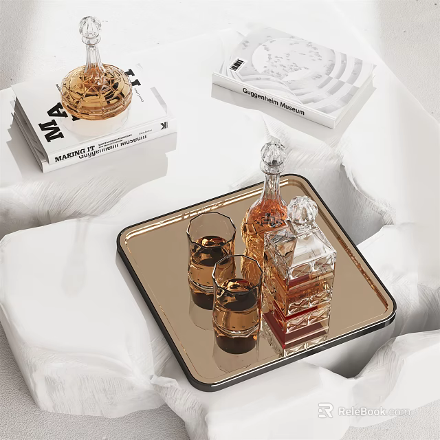 Elegant Liquor Bottle And Glasses On Metallic Tray With White Cloth And Books 3d model 
