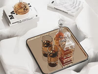 Elegant Liquor Bottle And Glasses On Metallic Tray With White Cloth And Books 3d model