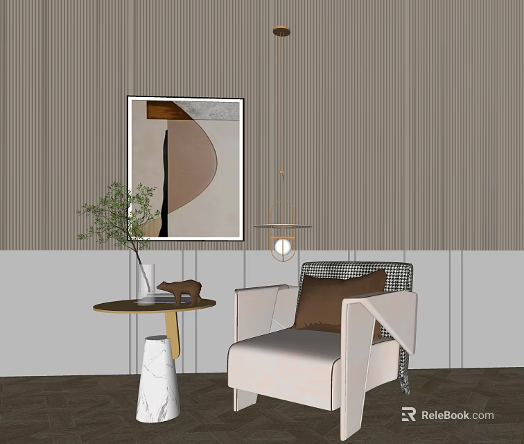 Single Sofa With Abstract Wall Art Pendant Light And Small Side Table 3d model