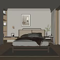 Modern Bedroom Interior With Wooden Bed Frame Bedside Lamp Wall Art And Curtains